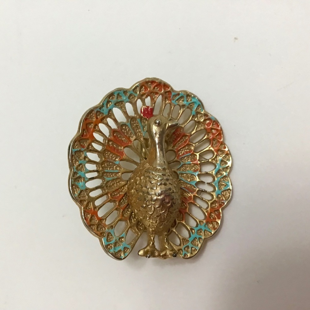 1960's Peacock Brooch, Pin, Lapel Pin-Gold Tone, Faux Ruby Rhinestone Crown